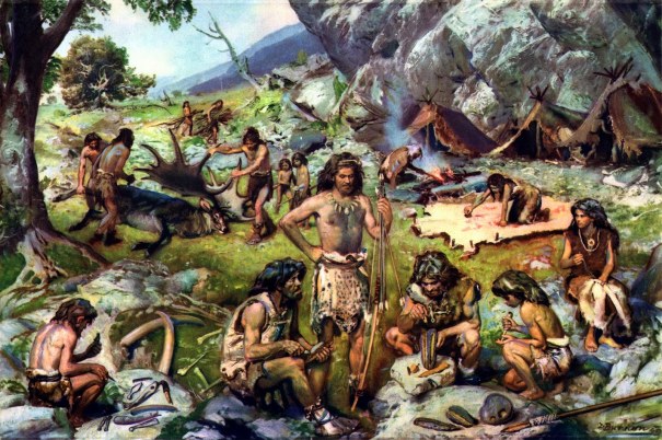 Painting of a group of primitive cave men sitting around their camp working at various tasks like skinning a deer and grinding plants