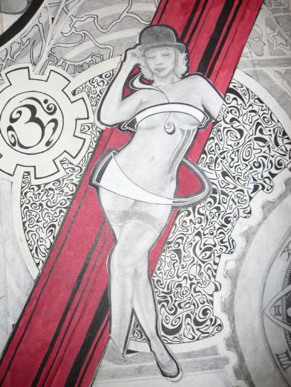 Complicated drawing of a lot of trippy, squiggly lines, an Om inside the outline of a gear and a drawing of Heather Kozar naked, with swirling lines covering her sex organs