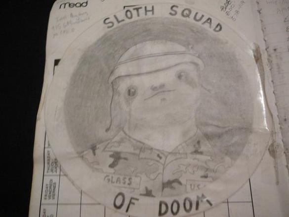 Head and shoulder portrait style drawing of an anthropomorphic sloth wearing a military uniform and helmet. Above the portrait it says, "SLOTH SQUAD OF DOOM."