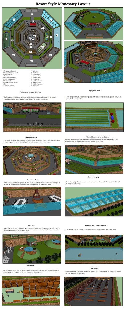 Brochure showing a 3-D design of a circular, sustainable monastery