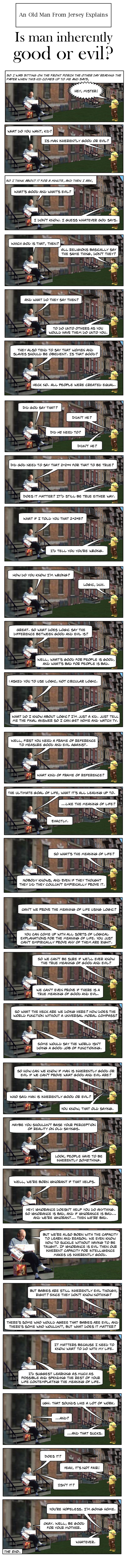 An old man sits on the steps to his dingy New Jersey apartment reading a newspaper. A naive but curious ten year old boy stands on the grass nearby about to ask a question. 