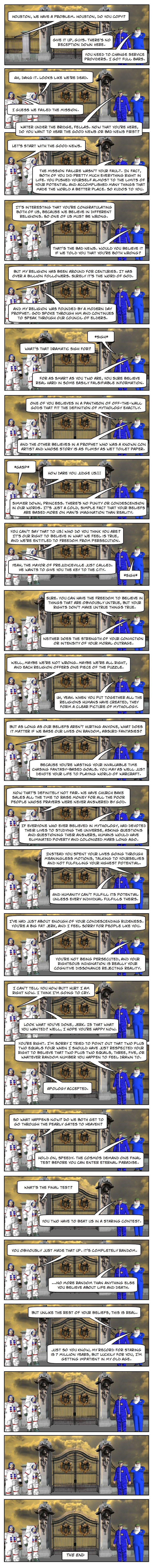 Loki and his assistant try to convince a Mormon and a Hindu they wasted their potential believing in mythology