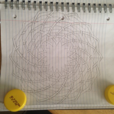 Four concentric circles, with arches of ribbons woven between them in a Mandala pattern