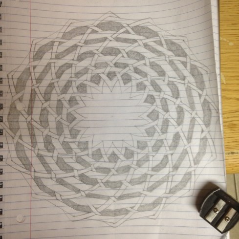 The same four concentric circles, with arches of ribbons woven between them in a Mandala pattern, but with the background colored in black