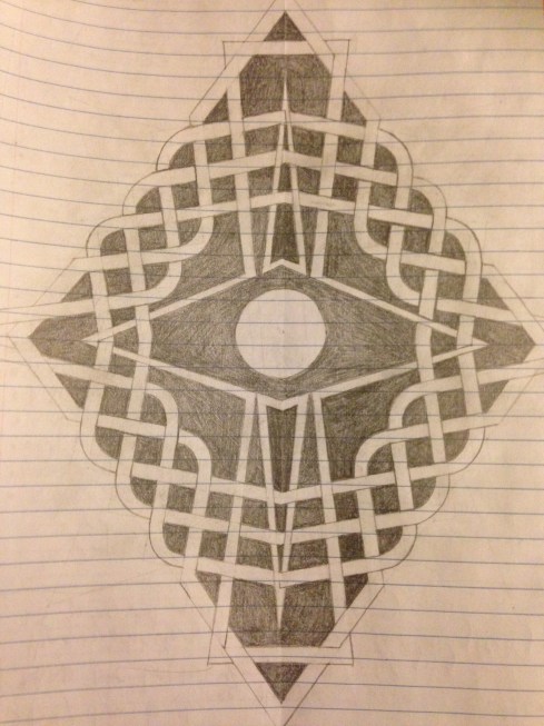 Two concentric diamond shapes connected by traditional Celtic knots, with a black background and white circle in the middle