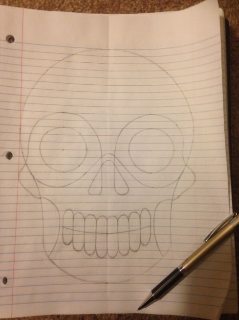 Very simple outline of a human skull with eye sockets, a nose socket and teeth