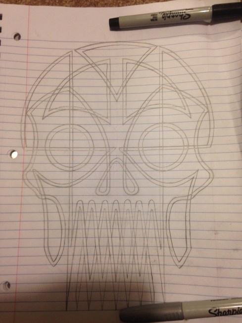 The same basic skull outline as above, but with the lines turned into ribbons and the outline of a bird added; the skull's nose socket makes the tail feathers; the wings wrap over the top of the eyebrows, and the head of the bird is at the top center of the skull's forehead