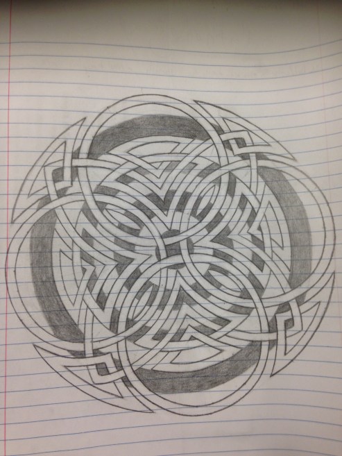 The same Celtic clover of circles with concentric circles inside it. The background has been shaded to look like a bullseye. 