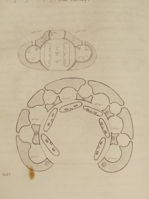 Design for a crescent shaped monastery with a ring of underground camper trailers