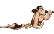 Drawing of a cave man carrying a club and dragging an unconscious cave woman by her hair