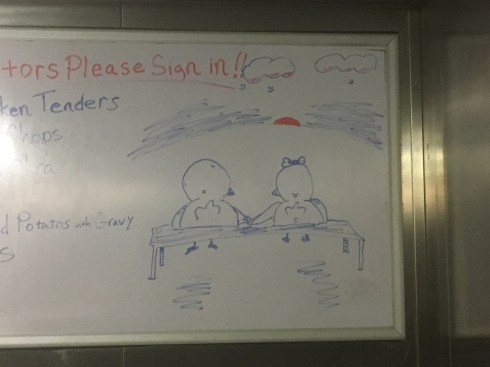 Picture a male and female chicken sitting on a park bench watching the sunset and holding hands