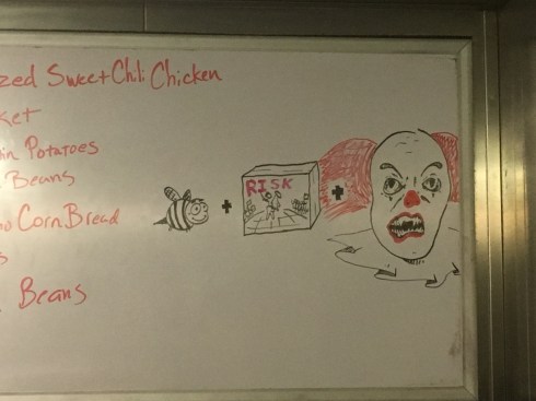 Picture of a bumble bee + the board game, "Risk" + Pennywise, the evil clown = ?