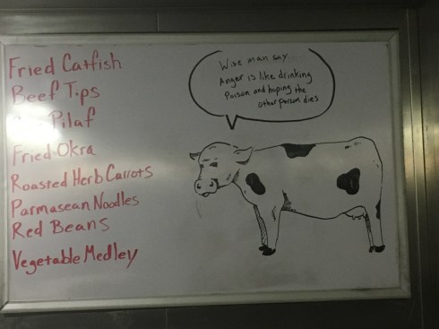 Picture of a large cow, who is saying, "Wise man say... anger is like drinking poison and hoping the other person dies." 